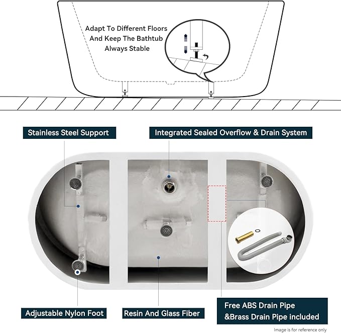 FerdY Shangri-La 55" Acrylic Freestanding Bathtub, Ergonomic Lightweight Classic Oval Soaking Bathtub with Polished Gold Drain, Minimalist Linear Design Overflow, Modern White