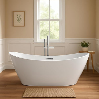 59 in Acrylic Freestanding Bathtub, Contemporary Stand Alone Tub,Glossy White Soaking Tub,with Chrome Overflow and Drain, CUPC Certified