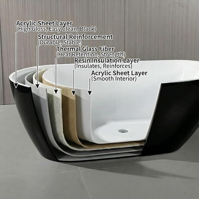 59" Freestanding Acrylic Bathtub, Deep Soaking Tub with Non-Slip Base & Chrome Drain, cUPC Certified, Black Pearl