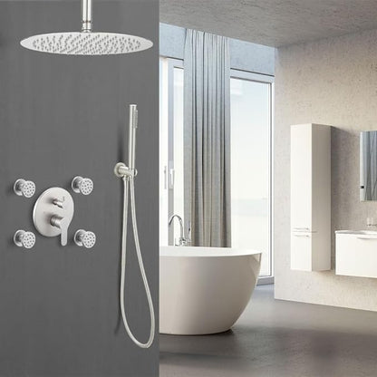 Brushed Nickel Round Shower Faucet Set with Body Jets 12 Inch Shower Head Handheld Shower Combo Set High Pressure Ceiling Mount with Rough-in Valve