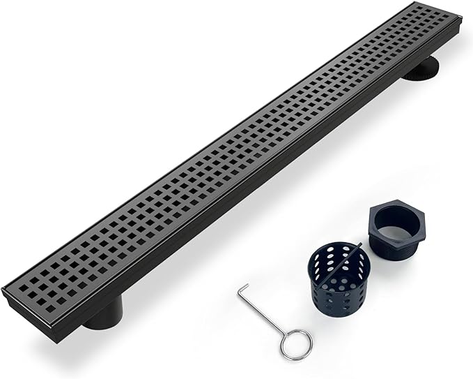 Offset Linear Shower Drain, Matte Black Shower Drain 32 inch with Removable Grate Cover, Brushed 304 Stainless Steel Side Outlet Black Shower Floor Drain with Hair Catcher and Leveling Feet