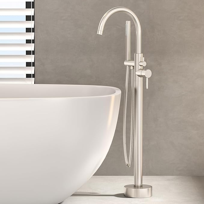 Freestanding Bathtub Faucet Waterfall Tub Filler Brushed Nickel Floor Mount Brass Single Handle Bathroom Faucets with Hand Shower (Brushed Nickel, Water in the side)