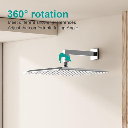 Square Rain Shower Head, High Flow Stainless Steel,Work with any decorative style，All Metal Rainfall Shower Head (Chrome, 16)