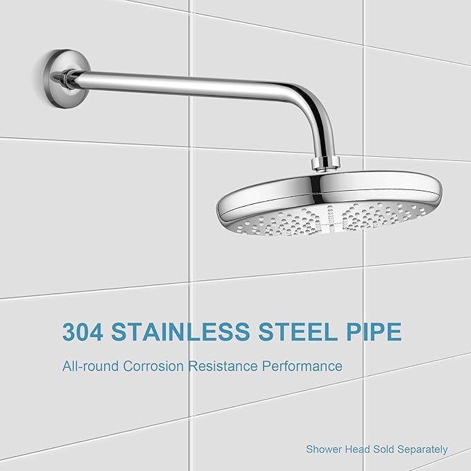 OFFO Shower Arm with Flange, 12 in Wall Mount Replacement Angle Shower Head Arm Wall-Mounted For Fixed Shower Head & Handheld Showerhead, Chrome