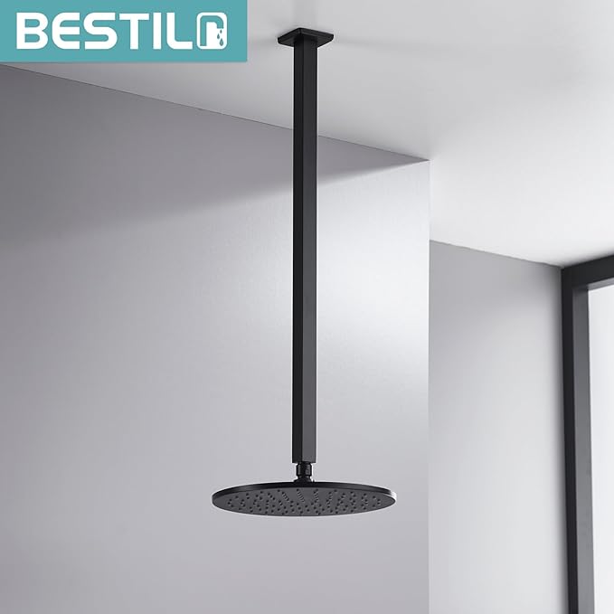 BESTILL 24 Inch Matte Black Ceiling Mount Shower Arm and Flange, Square Rain Shower Arm
