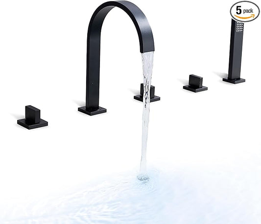 High Arc 5 Hole Roman Tub Filler with Handheld Showerhead Bathroom Widespread Waterfall Bathtub Faucet Set Deck Mounted, Matte Black