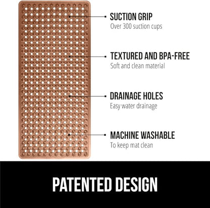 GORILLA GRIP Patented Bath Tub Shower Mat, Machine Washable Bathtub Floor Liner Mats, Suction Cups and Drain Holes to Keep Tubs Clean, Soft on Feet, Bathroom Essentials, 35x16 Inch, Brown