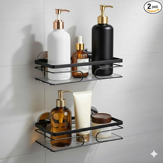 2-Pack Corner Shower Caddy – Rust-Resistant Wall-Mounted Bathroom Organizer with Included No-Drill Adhesives for Shampoo, Soap & Toiletries - Black (1-Layer, Rectangle)