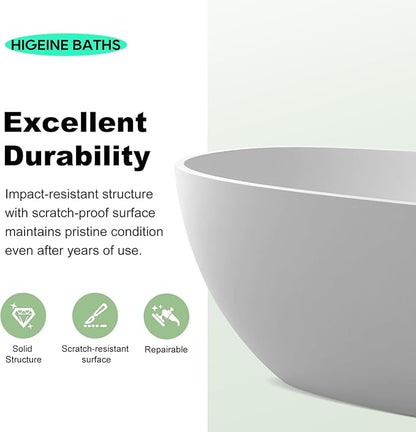 Premium 51" Solid Surface Freestanding Bathtubs, Upgraded Oval Stone Resin Tub with Overflow and Pop-up Drain, Matte White