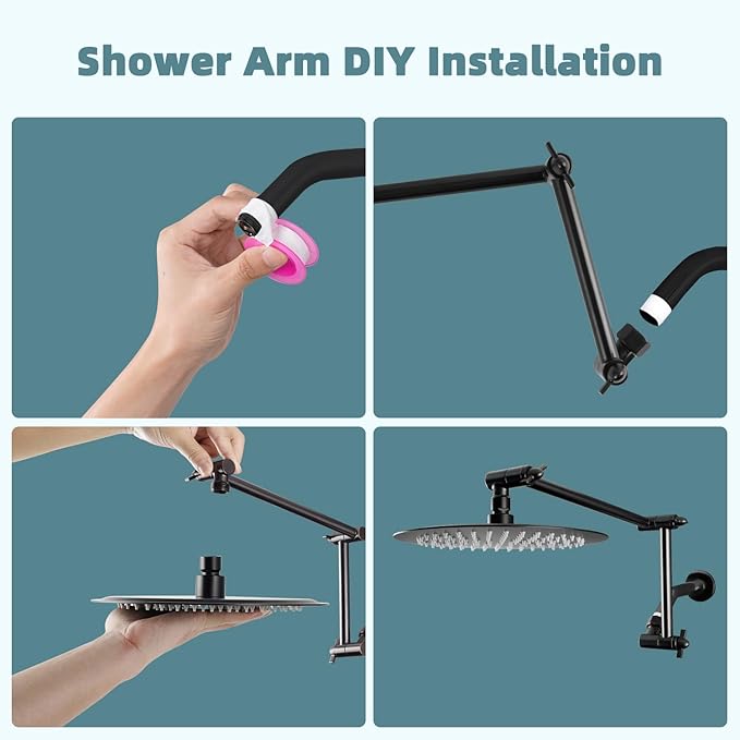 iFealClear All Metal 16" Shower Head Extension Arm, Solid Brass Shower Head Extender Adjustable Height Angle, G1/2 Universal Connection Stainless Steel Rain Shower Pipe, Lock Joint, Oil Rubbed Bronze