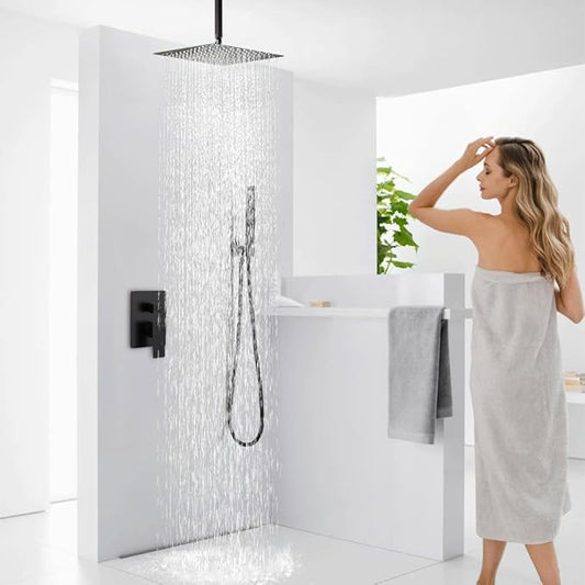 12 Inch Oil Rubbed Bronze Ceiling Mount Shower System Bathroom Luxury Rain Mixer Shower Combo Set Ceiling Rainfall Shower Head System Faucet Contain Rough-in Valve and Trim Included