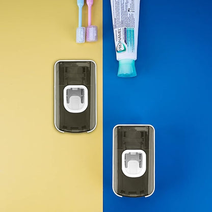 2 Slot Toothbrush Holder and Toothpaste Dispenser Wall Mounted, Automatic Toothpaste Squeezer, 2 in 1 Tooth Brush Toothpaste Organizer for Shower (Grey)