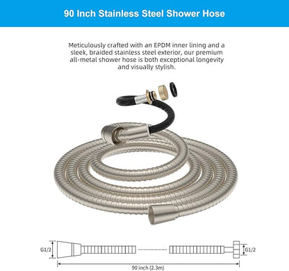 Hibbent All Metal Shower Hose, 90 Inch Stainless Steel Extra Long Bathroom Shower Hose Replacement, Anti-Twist Flexible Handheld Shower Head Hose Extension with Brass Insert & Nut, Brushed Nickel