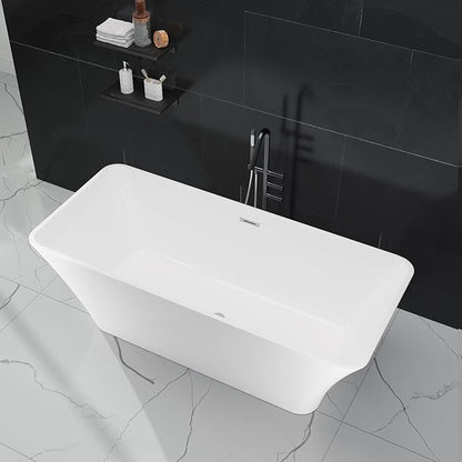 59" Free Standing Tub, Acrylic Freestanding Bathtub, Modern Soaking Tub with Integrated Overflow and Drain, White Bathroom Fixture, Stand Alone Bathtub, CUPC Certified, Burnish White
