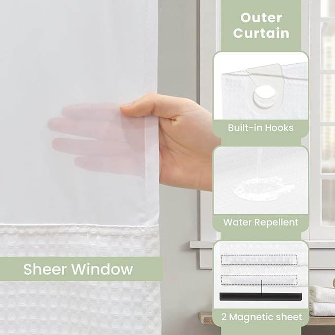 Inhousolu Stall No Hook Shower Curtain with Snap in Fabric Liner Set Waffle Weave 230GSM Weighted Hem, Waterproof & Washable Bathroom Curtain Spa Luxury with Mesh Top Window 36" W x 72" L White