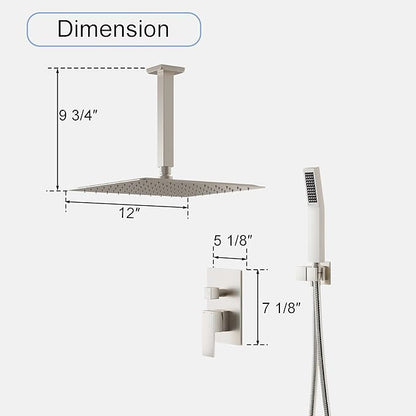 WELLFOR 12-In Ceiling Mount Shower System with Single Handle, Pressure-balanced Valve Included, Waterfall Dual Head Shower Head System, Rain Shower System, Shower Faucet Trim Kits, Brushed Nickel