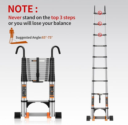 Telescoping Ladder,12.5FT Aluminum Multi-Purpose Collapsible Ladder with Stabilizers and Hooks,Jiashche Portable Extension Ladder for RV or Outdoor Work Silver,330lb Max Capacity