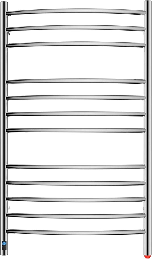 HEATGENE Electric Towel Warmer with Built-in Timer & Temperature Control, Wall-Mounted 12-Bar Large Towel Rack, Plug-in/Hardwired Heated Towel Rail for Bathroom - Mirror Polish