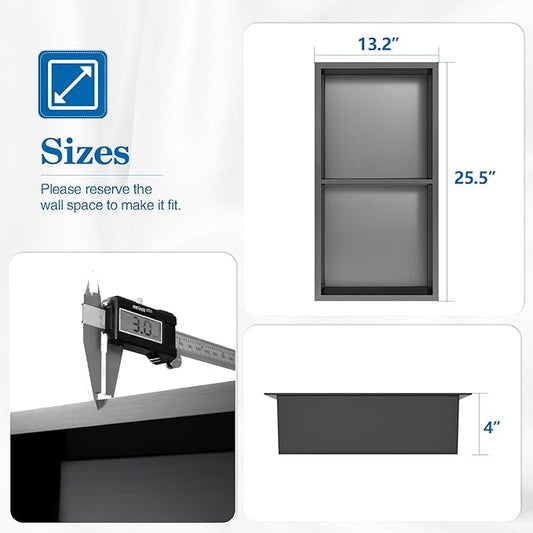 12" x 24" Shower Niche No Tile Needed, 304 Stainless Steel Shower Wall Niche, Recessed Shower Shelf for Shower or Bathroom Storage, Black