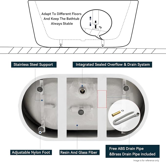FerdY 47" Bali Acrylic Freestanding Bathtub, Gracefully Shaped Freestanding Soaking Bathtub, cUPC Certified, Toe-Tap White Drain and Minimalist Linear Design Overflow Included