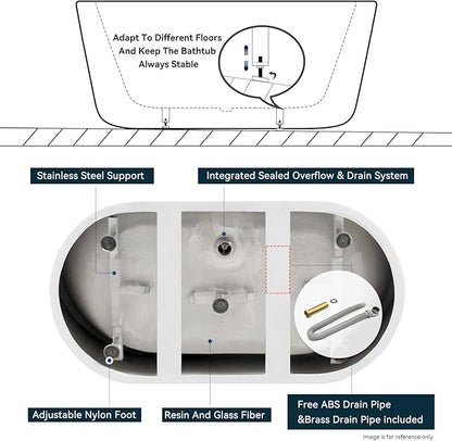 FerdY Shangri-La 47" Acrylic Freestanding Bathtub with Headrest, Small Classic Oval Shape Acrylic Soaking Bathtub with Polished Gold Drain & Overflow& Bath Pillow, cUPC Certified