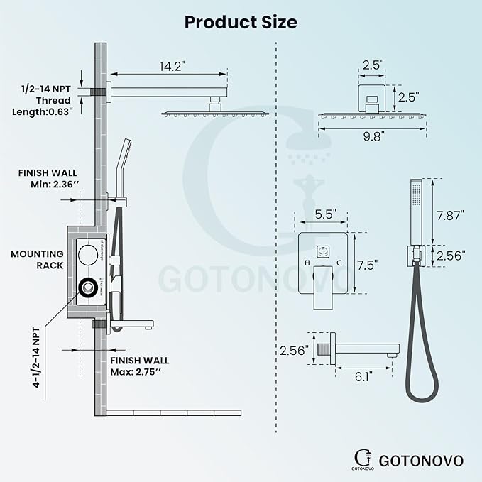 gotonovo Shower System with Tub Spout Wall Mounted Rain Shower Head and Handle Combo Shower Faucet Set with Valve, 10 Inch, Polish Chrome