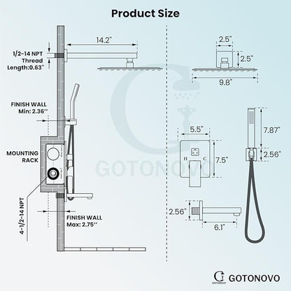 gotonovo Shower System with Tub Spout Wall Mounted Rain Shower Head and Handle Combo Shower Faucet Set with Valve, 10 Inch, Polish Chrome