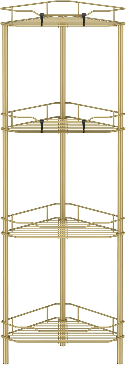 4 Tier Floor Standing Corner Shower Caddy Organizer Shelf with Hooks, Bathroom Shelves Stand Rack, Gold