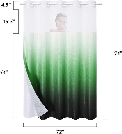 Gibelle No Hook Waffle Weave Shower Curtain with Snap-in Fabric Liner Set for Bathroom, Hotel Style with Mesh Top Window, Waterproof & Washable, Ombre Emerald Green, 72x74