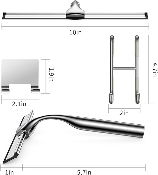 Stainless Steel Squeegee for Shower Glass Doors, 10-Inch All-Purpose Squeegee with Replacement Blade and Matching Hooks Holder, Silver