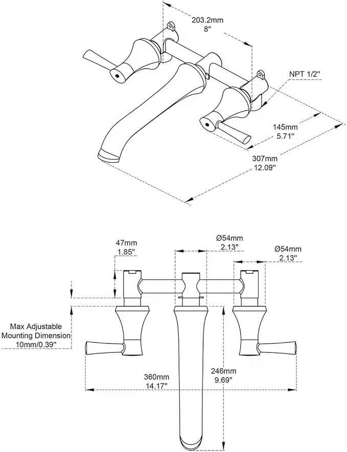 Wall Mount Tub Filler Brass Tub Faucet Brushed Nickel Bathroom Bathtub Faucets with 2 Handles