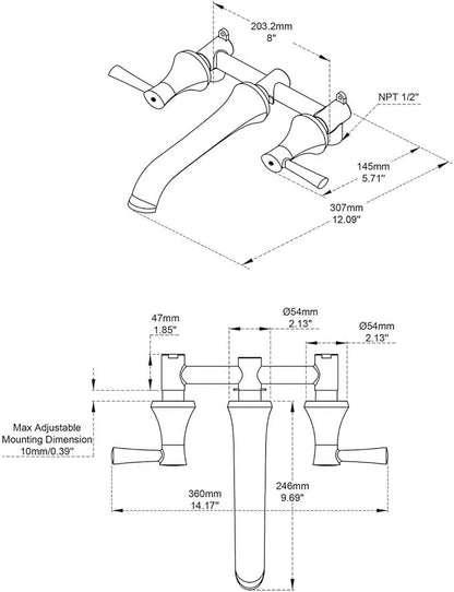 Tub Filler Wall Mount Roman Tub Faucet Brushed Nickel Brass Bathtub Faucets with 2 Handles