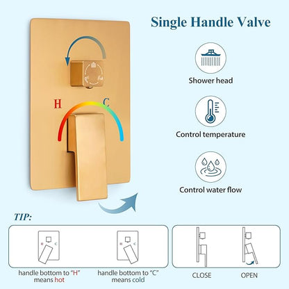 10 inch Square Shower Head and Handheld Set, Gasecoet Shower System with Tub Spout Wall Mounted Shower Faucet for Bathroom - Brushed Gold (With Shower Valve)