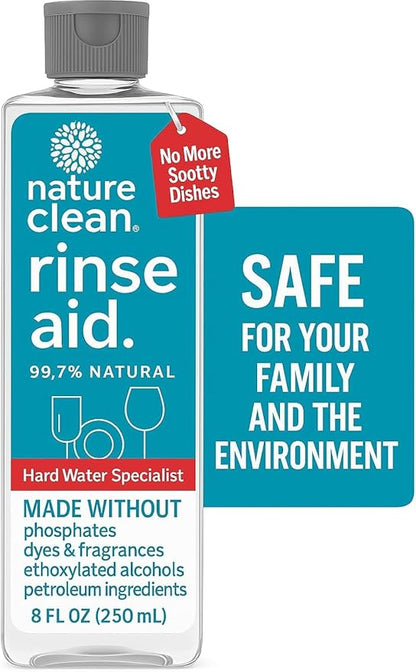 Nature Clean Natural Dishwasher Rinse Aid Liquid, Plant-Based Dishwasher Drying Agent with 99.7% Natural Ingredients, Unbelievable Power and No Nasty Chemicals. Hard Water Stain Remover. 8 oz 2-pack