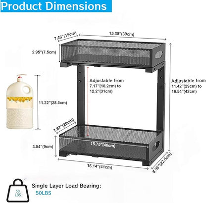 Under Sink Organizer, 2-Tier Pull Out Cabinet Organizer with Adjustable Height, Use in Kitchen Bathroom Cabinet and Countertop Storage, Black