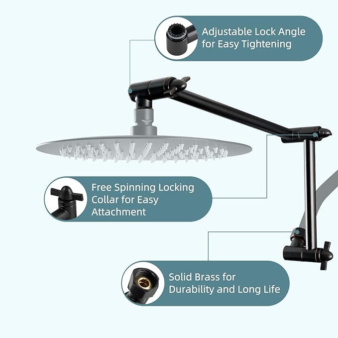 iFealClear All Metal 16" Shower Head Extension Arm, Solid Brass Shower Head Extender Adjustable Height Angle, G1/2 Universal Connection Stainless Steel Rain Shower Pipe, Lock Joint, Oil Rubbed Bronze