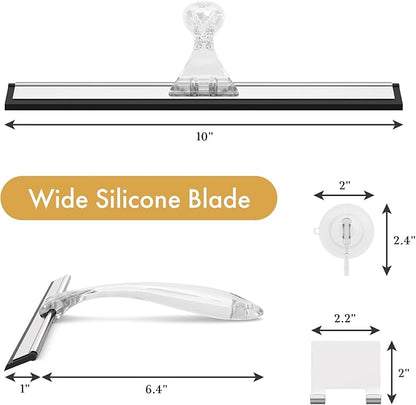 AmazerBath Shower Squeegee for Glass Doors, All-Purpose Squeegee with Suction Hook & Adhesive Hook, Clear Squeegee for Shower Glass, Windows, Mirrors, Tiles and Car Windows - 10 Inches, Clear