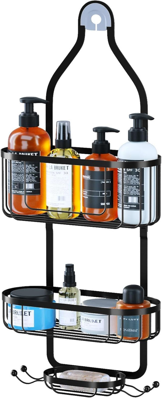 Kadolina Bathroom Hanging Shower Organizer, Over Head Shower Caddy Shower Storage Rack Basket with Hooks for Razor and Sponge Rustproof, Black [Patented]