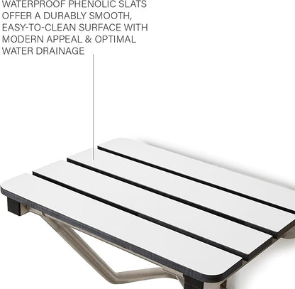 18" x 15" Phenolic White 3” Slats Folding Wall Mount Shower Seat Bench, ADA Compliant