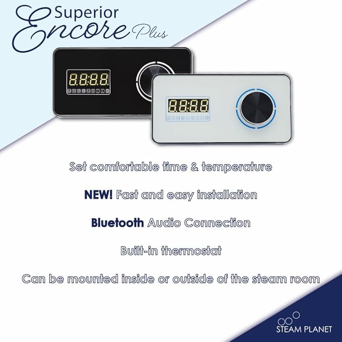 Superior Encore Plus 9 kW Steam Shower Generator Kit with Horizontal Black Keypad, Drip Pan & White Light | Bluetooth Audio|Self-Draining Steam Bath Generator|One-click Connection Cord|
