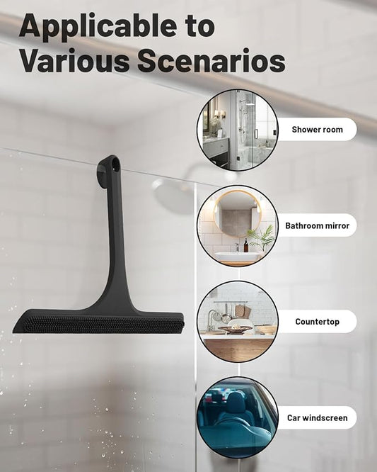 2-in-1 Silicone Shower Squeegee with Hook,Dual-Sided Design with Scraper & Scrub Surface,Rust-Proof Stainless Core,Streak-Free Bathroom Squeegee for Glass Doors,Mirrors,Windows,Car Windshields (Black)