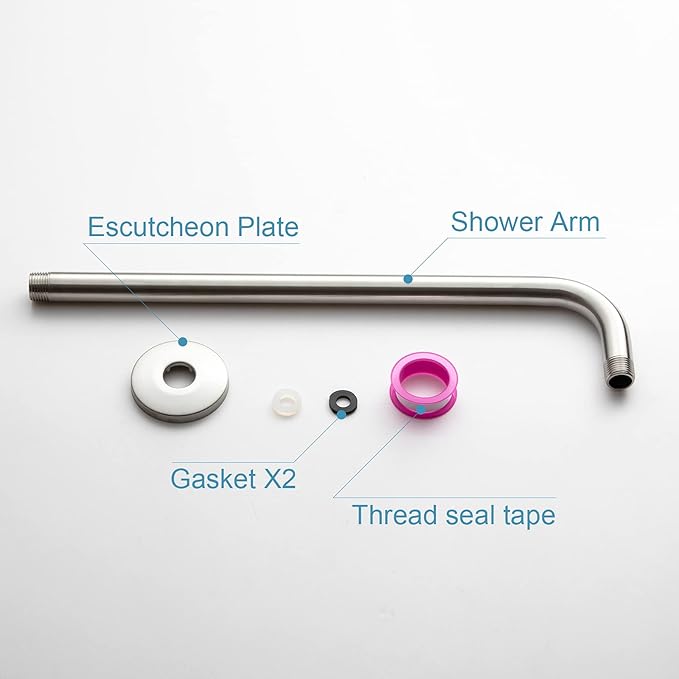 OFFO Shower Arm with Flange, 12 in Brushed Nickel Wall Mount Replacement Angle Shower Head Arm Wall-Mounted For Fixed Shower Head & Handheld Showerhead