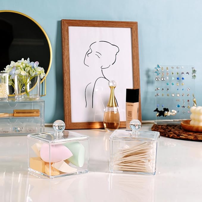 Modern Square Qtip Holder Acrylic Bathroom Vanity Countertop Storage Organizer Canister Jar for Cotton Swabs, Rounds, Balls, Makeup Sponges, Bath Salts - 2 Pack - Clear