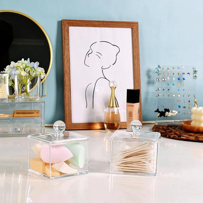 Modern Square Qtip Holder Acrylic Bathroom Vanity Countertop Storage Organizer Canister Jar for Cotton Swabs, Rounds, Balls, Makeup Sponges, Bath Salts - 2 Pack - Clear