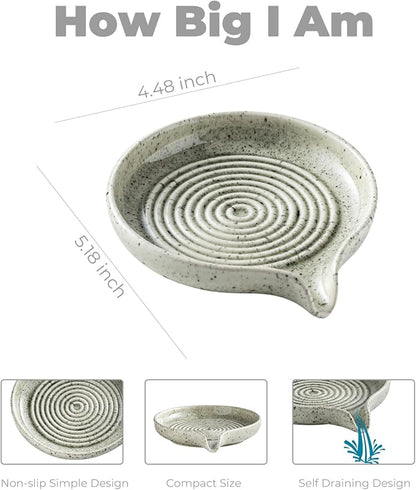 Soap Dish with Self-Draining Design, Ceramic Soap Holder with Drain Spout Soap Tray for Shower, Bathroom and Kitchen Sink, Keep Bar Soap Dry, Speckled Glaze