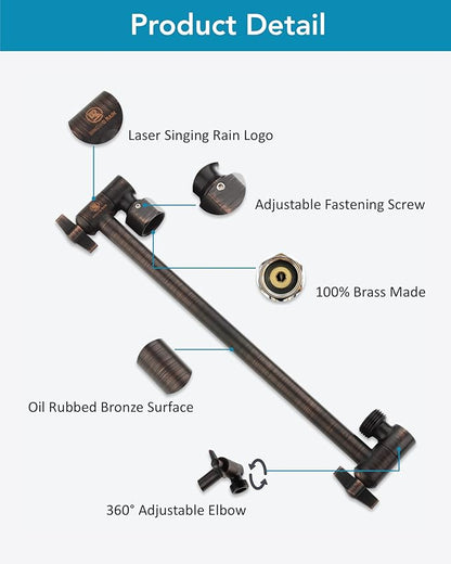 15 Inch Extra Long Adjustable Shower Head Extension Arm With Locking Set Screw, Singing Rain Brass Angle Height Adjustable, Easy To Install, G1/2 Universal Connector Compatible (Oil Rubber Bronze)
