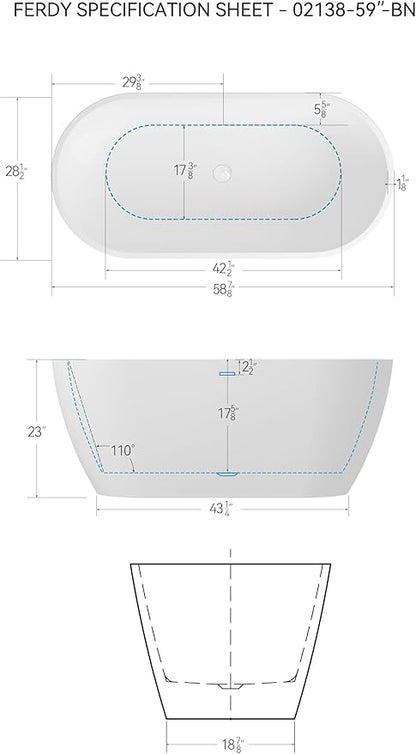 FerdY 59" Bali Elite Acrylic Freestanding Bathtub, Gracefully Shaped Freestanding Soaking Bathtub, cUPC Certified, Toe-Tap White Drain and Minimalist Linear Design Overflow Included