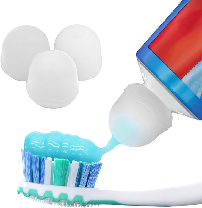 Chrome Cherry SqueezMe Self-Closing Toothpaste Caps, Silicone Lid for Kids & Adults, No Mess Toothpaste Dispenser, Self-Standing Easy Squeezer Cap, Bathroom Accessory, Clear, Pack of 3