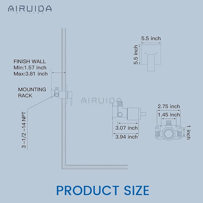 Airuida Square Single-Function Brass Faucet Shower Rough-in Valve Male Thread Bathroom Trim Kit Single Handle Tub Shower Valve 5.5 Inch Cover Plate Matte Black