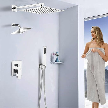 Shower Faucet Set Polished Chrome Shower System, Knob Switch Diverter Shower Faucet with High Pressure Handheld Spray, Wall Mount 12 Inch Shower Head with 6 Inch Wall Mount Shower Head